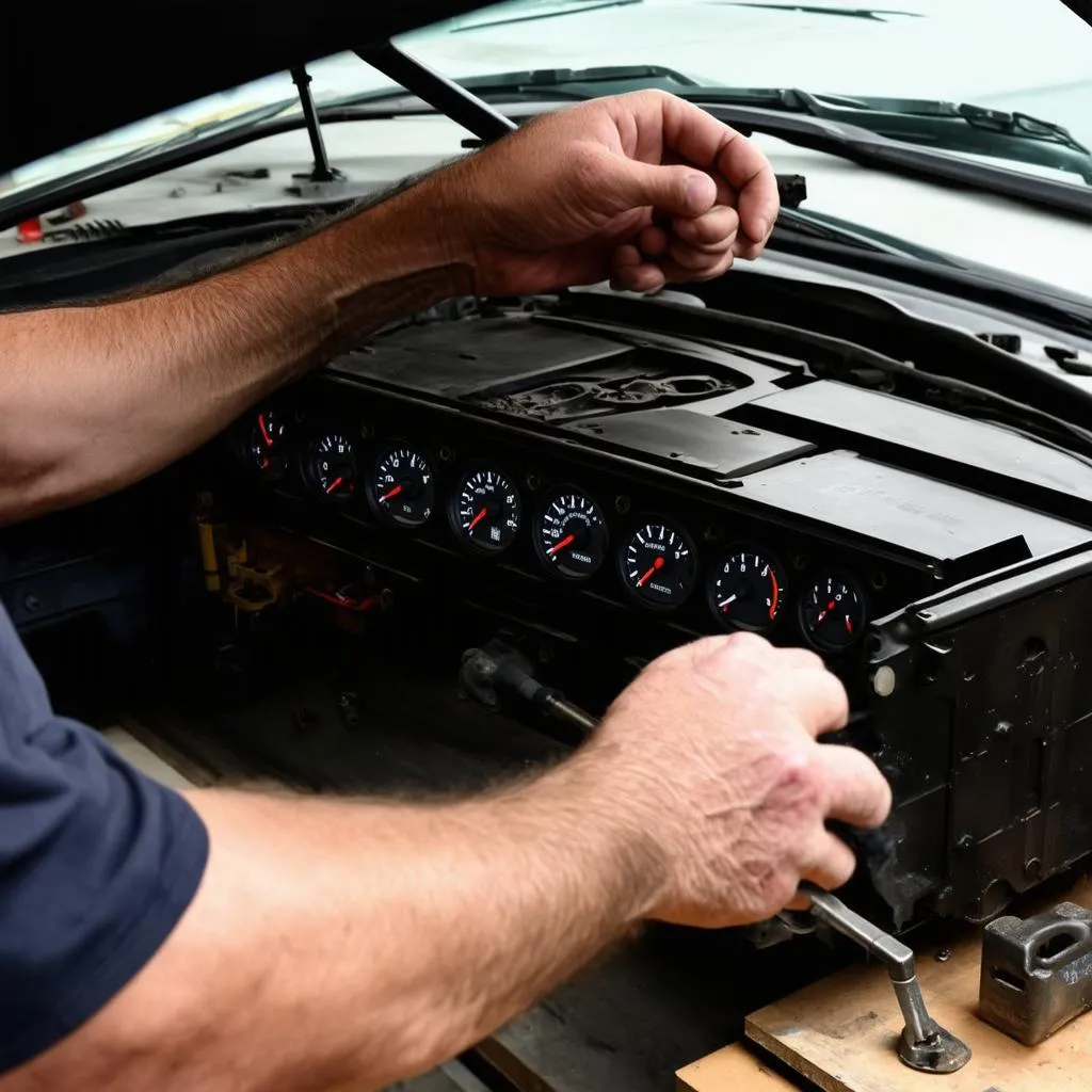 A mechanic working on a 2003 Silverado instrument cluster