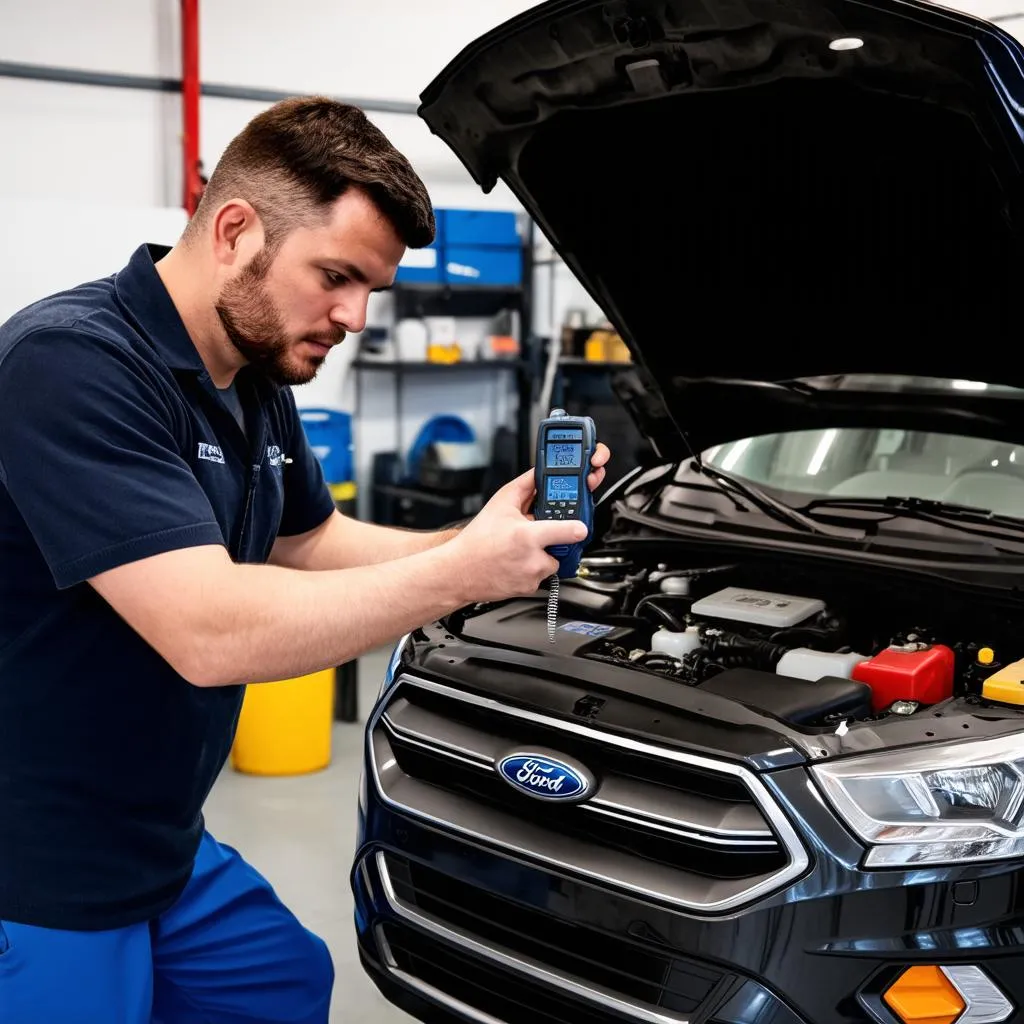 Mechanic using an OBD-II scanner on a 2017 Ford Escape