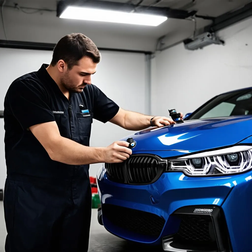 Mechanic inspecting headlights