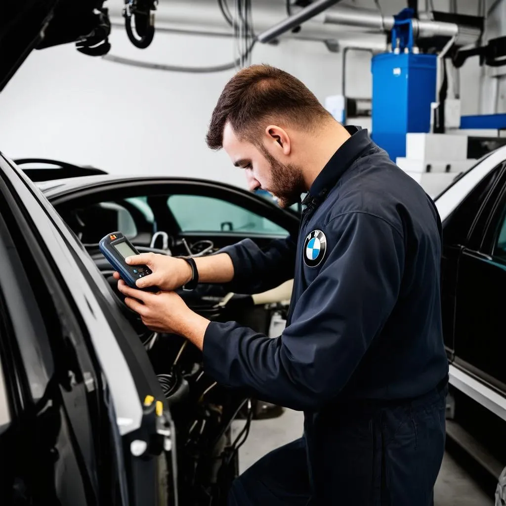 Mécanicien automobile travaillant sur une voiture BMW