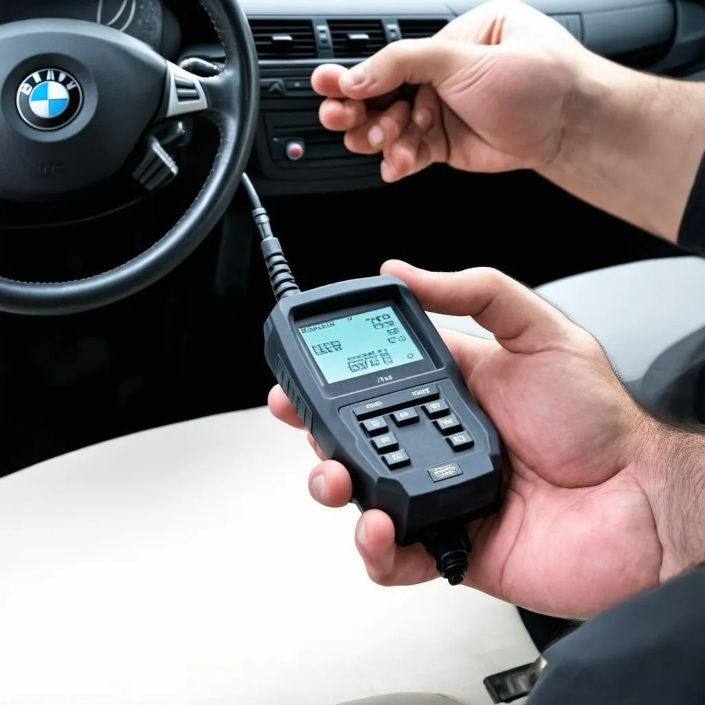 Mechanic using an OBD scanner on a 2004 BMW X5