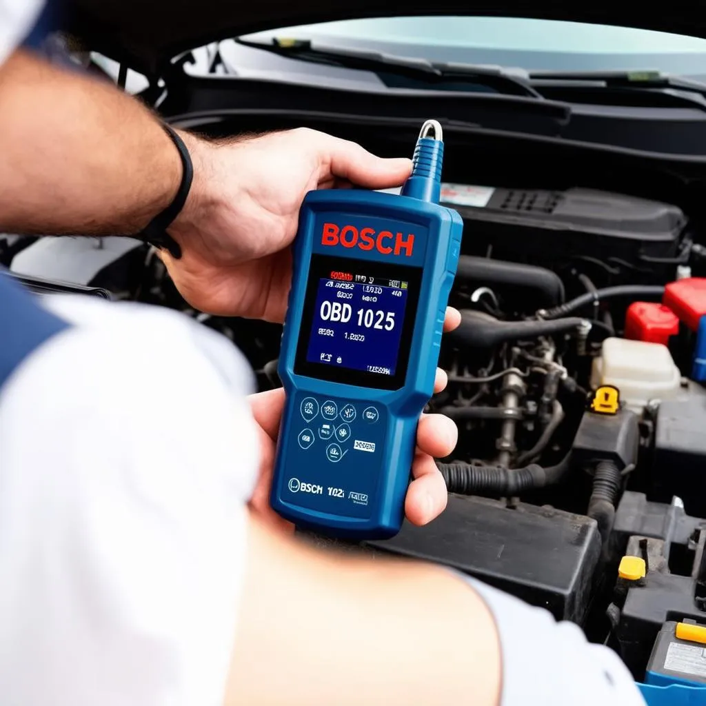 A mechanic using the Bosch OBD 1025 scanner to diagnose a car engine problem.