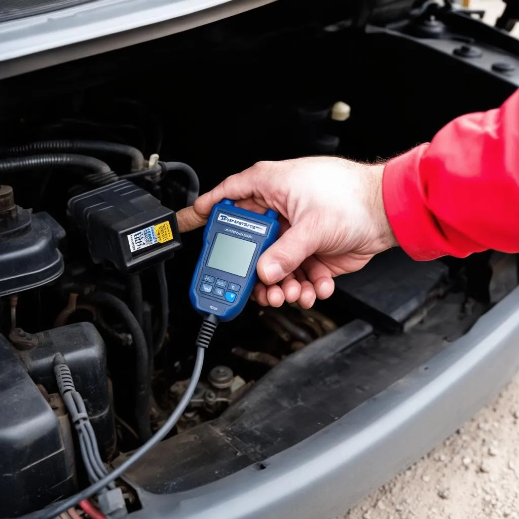 Mechanic using a diagnostic tool on a Chevy Astro