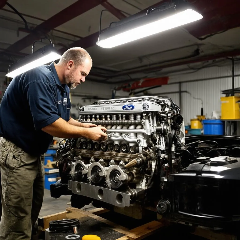 Mechanic working on a Ford V10 engine