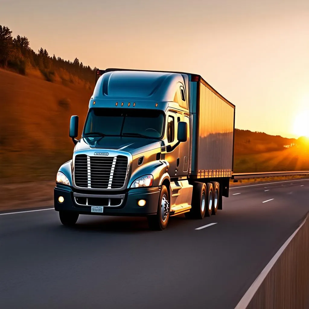 Freightliner truck on a scenic highway