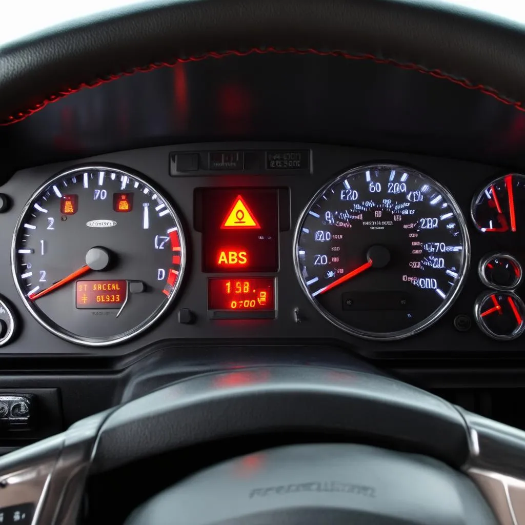 Freightliner dashboard with warning lights illuminated