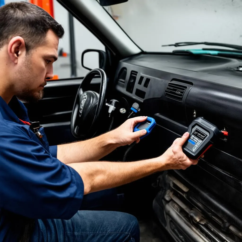 Car mechanic plugging in an OBD scanner to diagnose a vehicle.