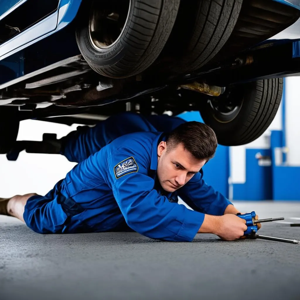 Mechanic inspecting car transmission