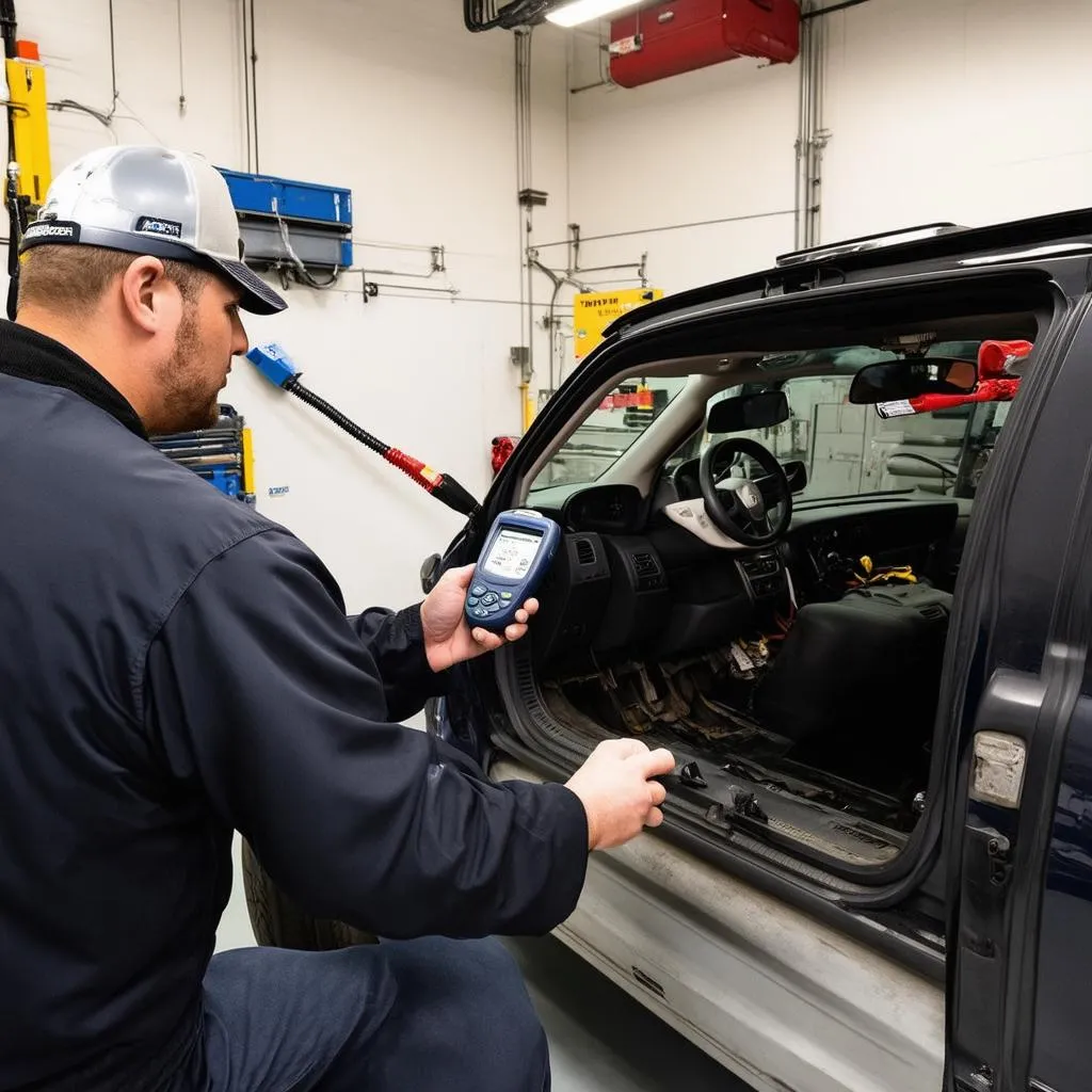 Mechanic connecting a dealer scanner to the OBD-II port of a Toyota RAV4