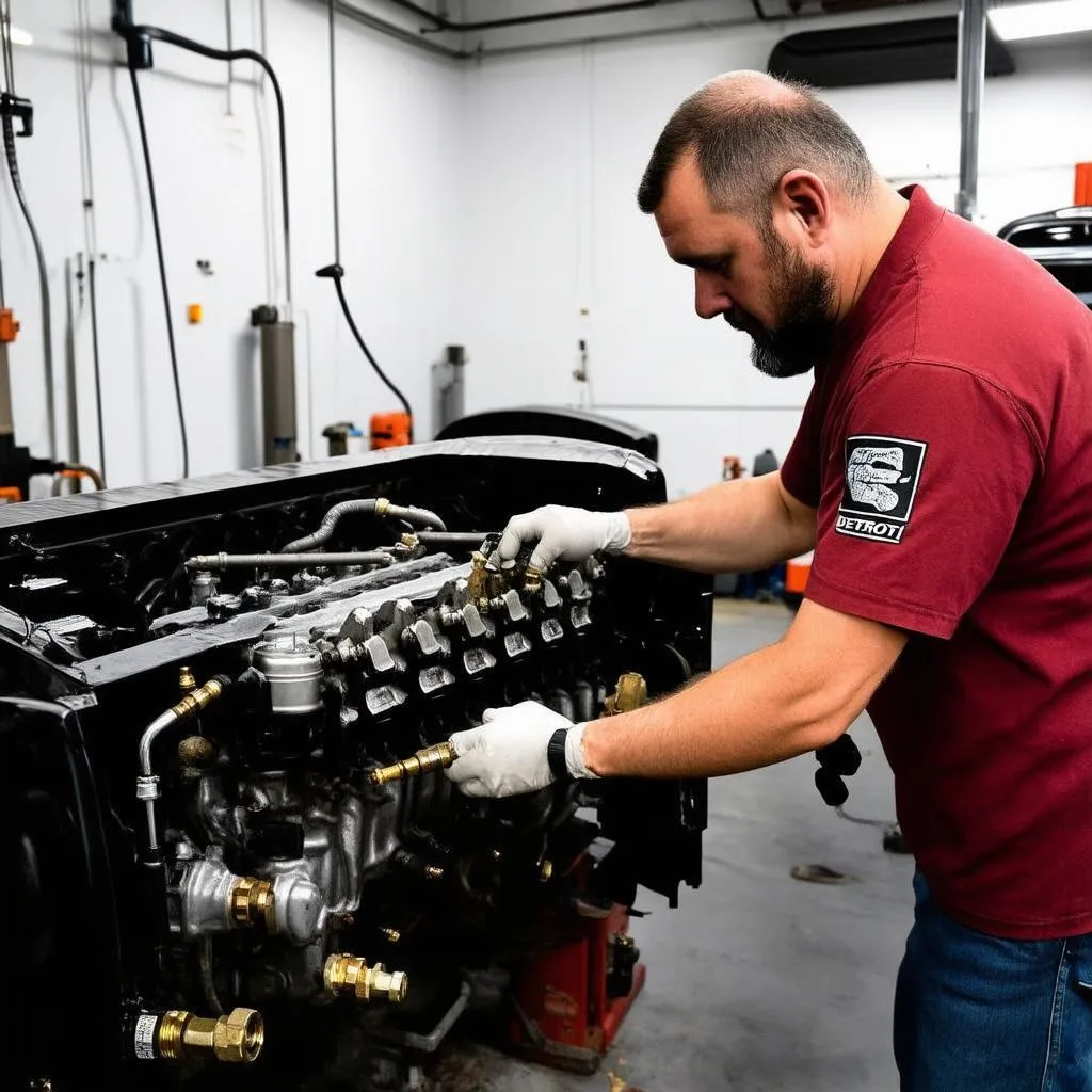 Mechanic adjusting the fuel injector timing on a Detroit Diesel engine