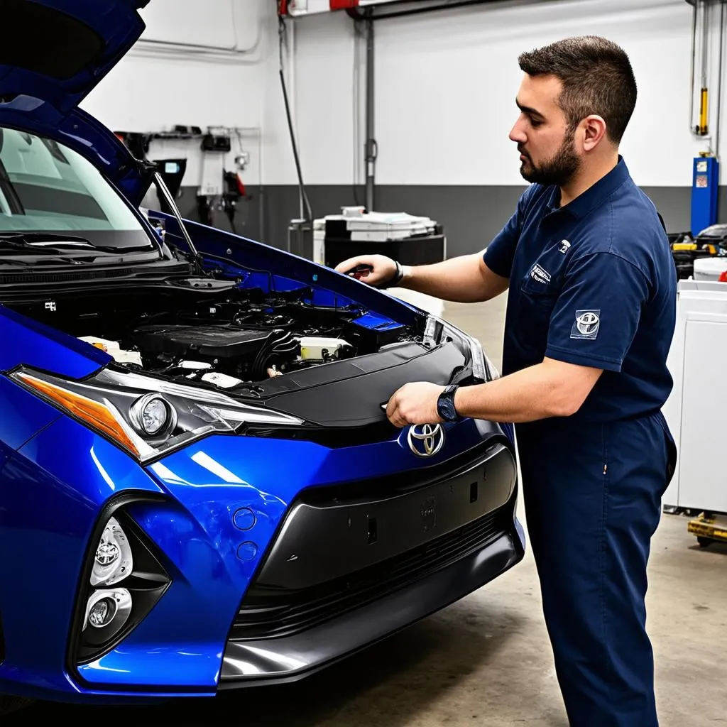 Mécanicien travaillant sur une Toyota Prius