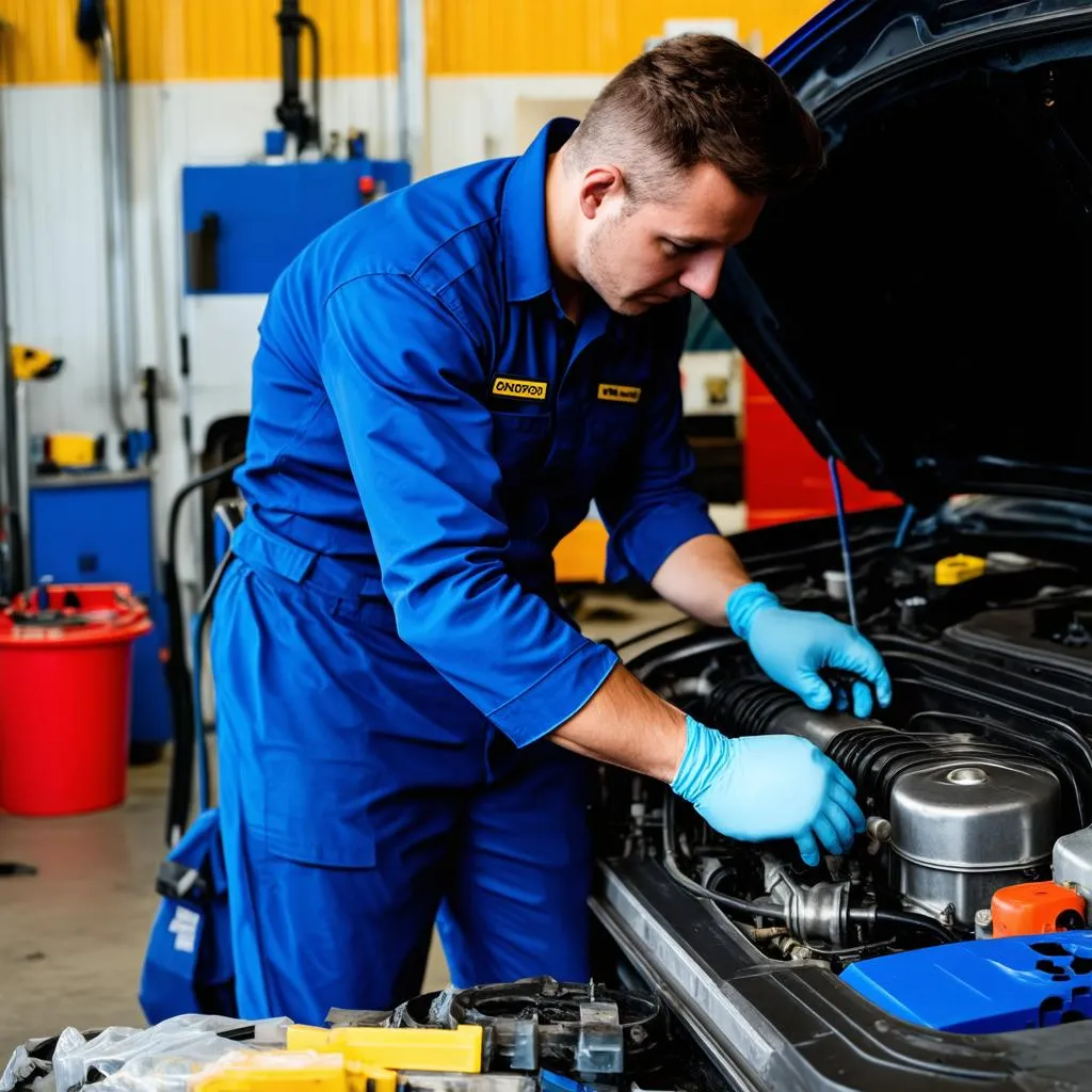 Mécanicien travaillant sur un moteur de voiture dans un atelier de réparation.