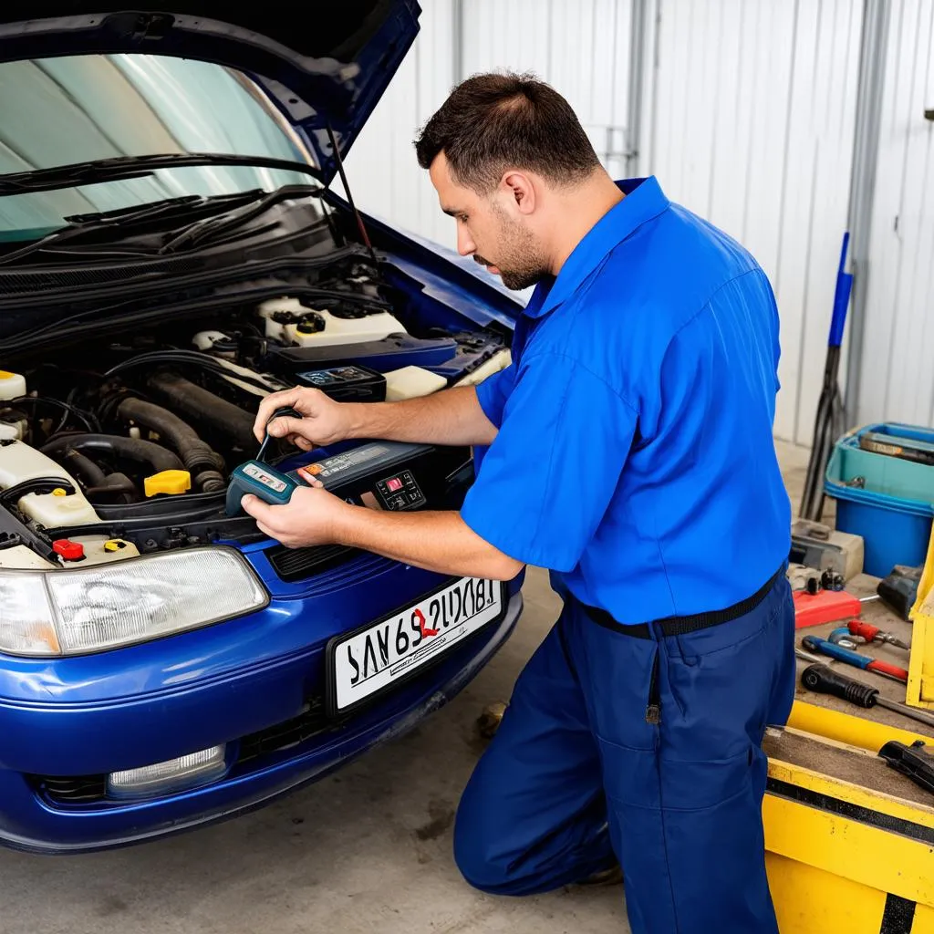 Mechanic diagnosing car problems