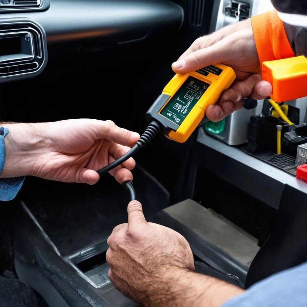 Mécanicien utilisant un outil de diagnostic sur une Land Rover