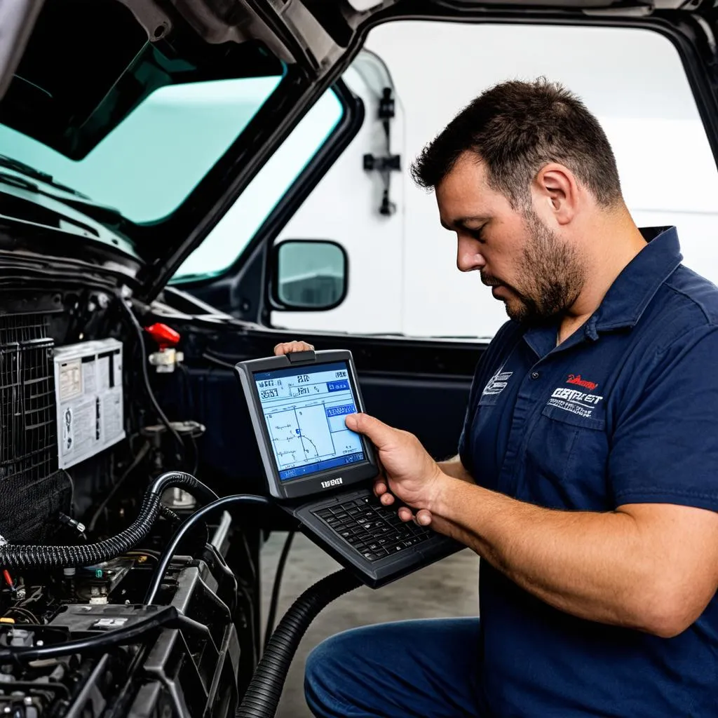 Mechanic Working On Truck Diagnostics