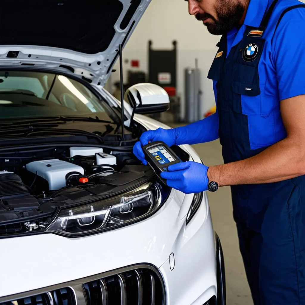 Mécanicien connectant un outil de diagnostic à une BMW