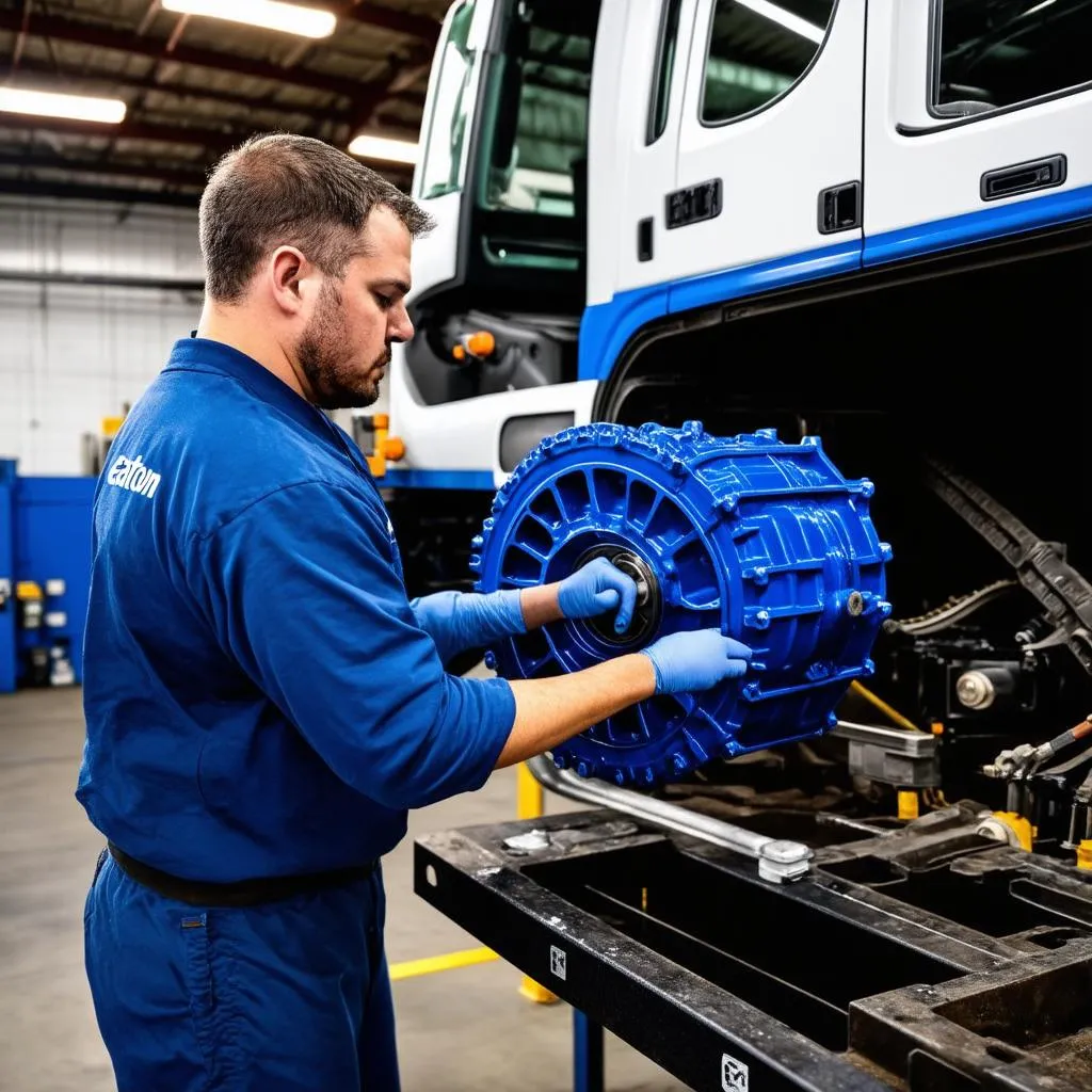 Mechanic installing Eaton UltraShift PLUS transmission