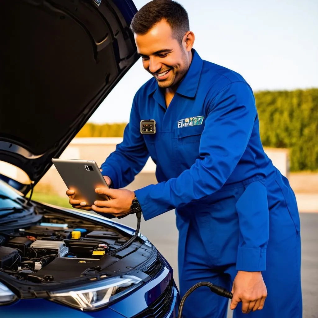 Mechanic using ELM327 on a car