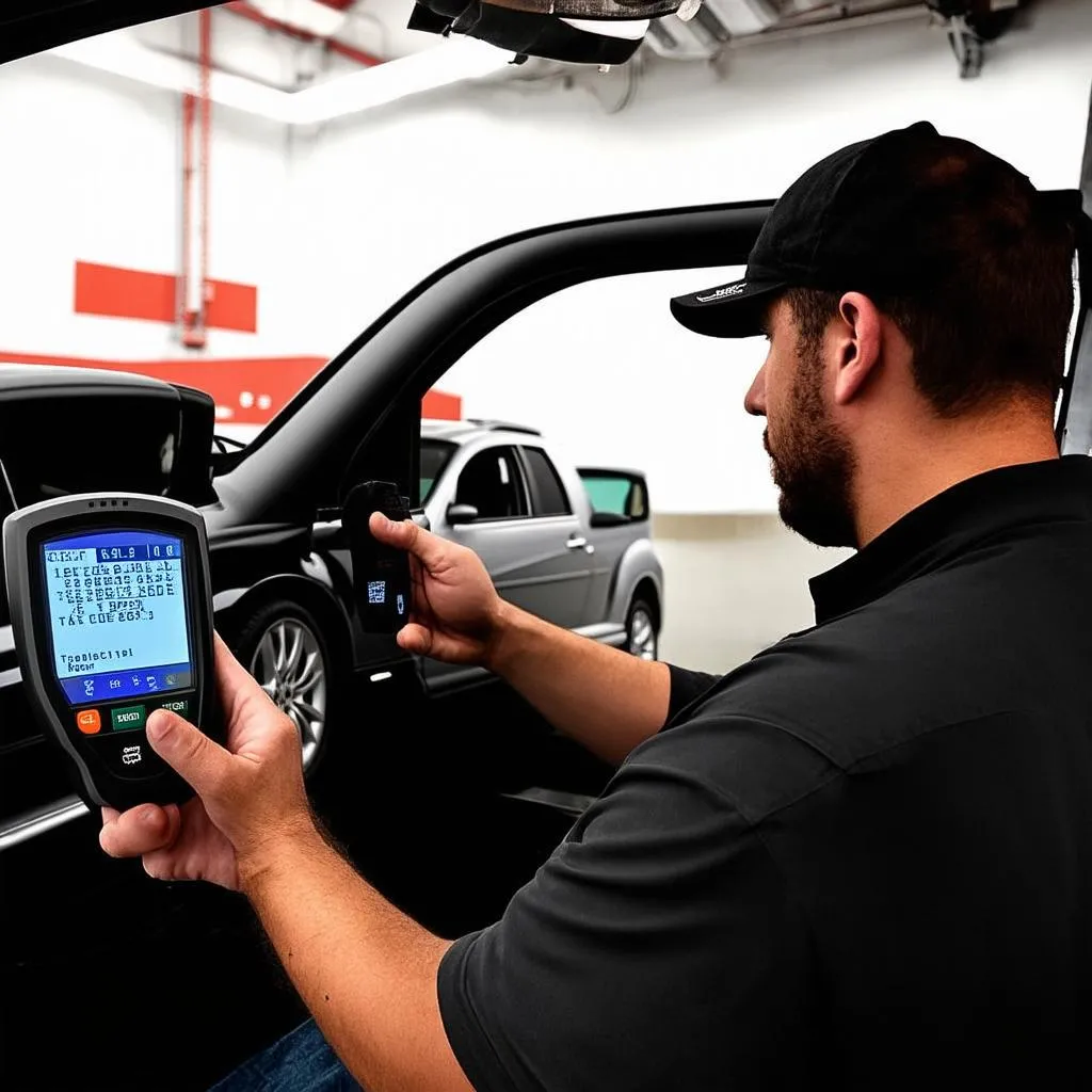 Mechanic using OBD II scanner on car