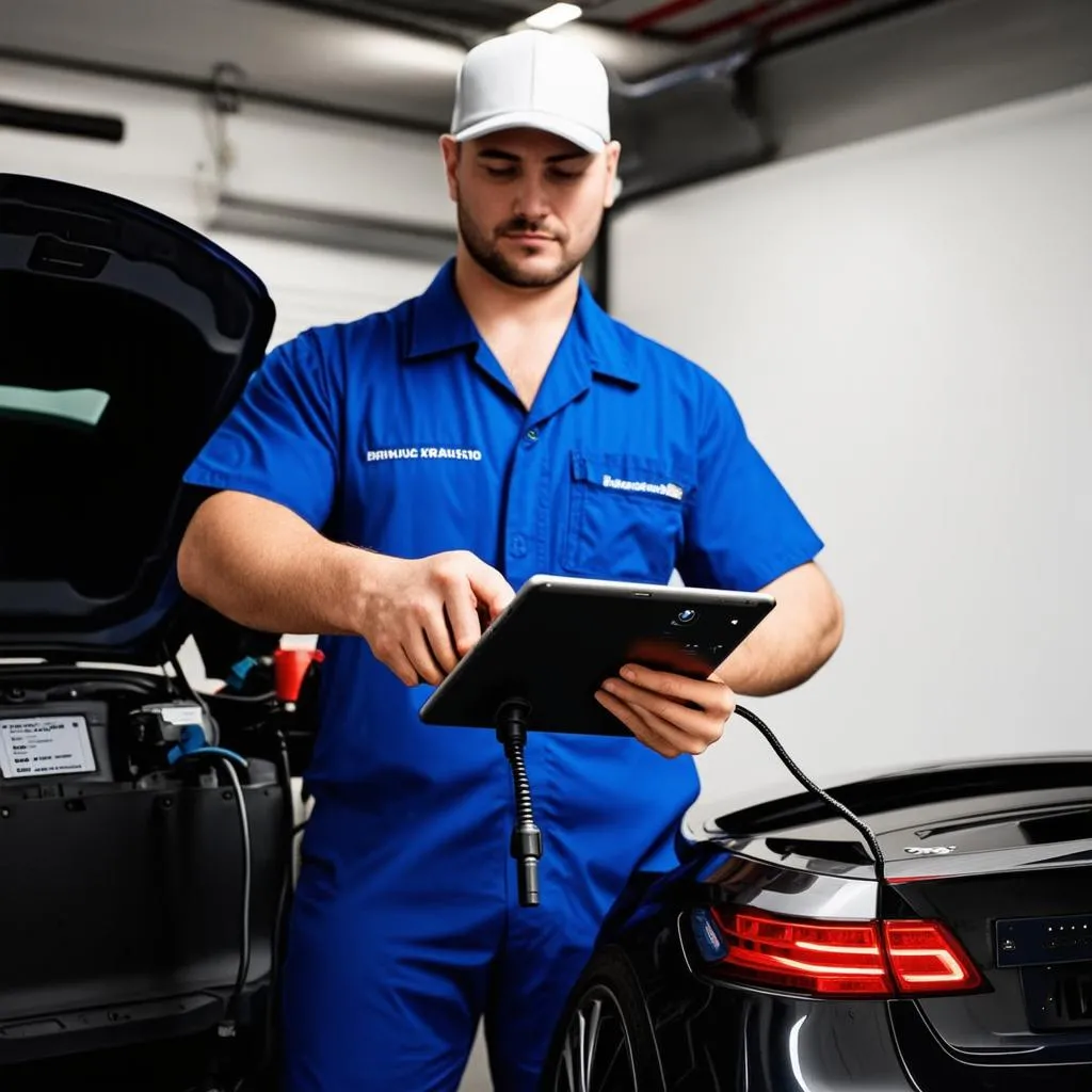 Mécanicien utilisant un scanner OBD sur une BMW