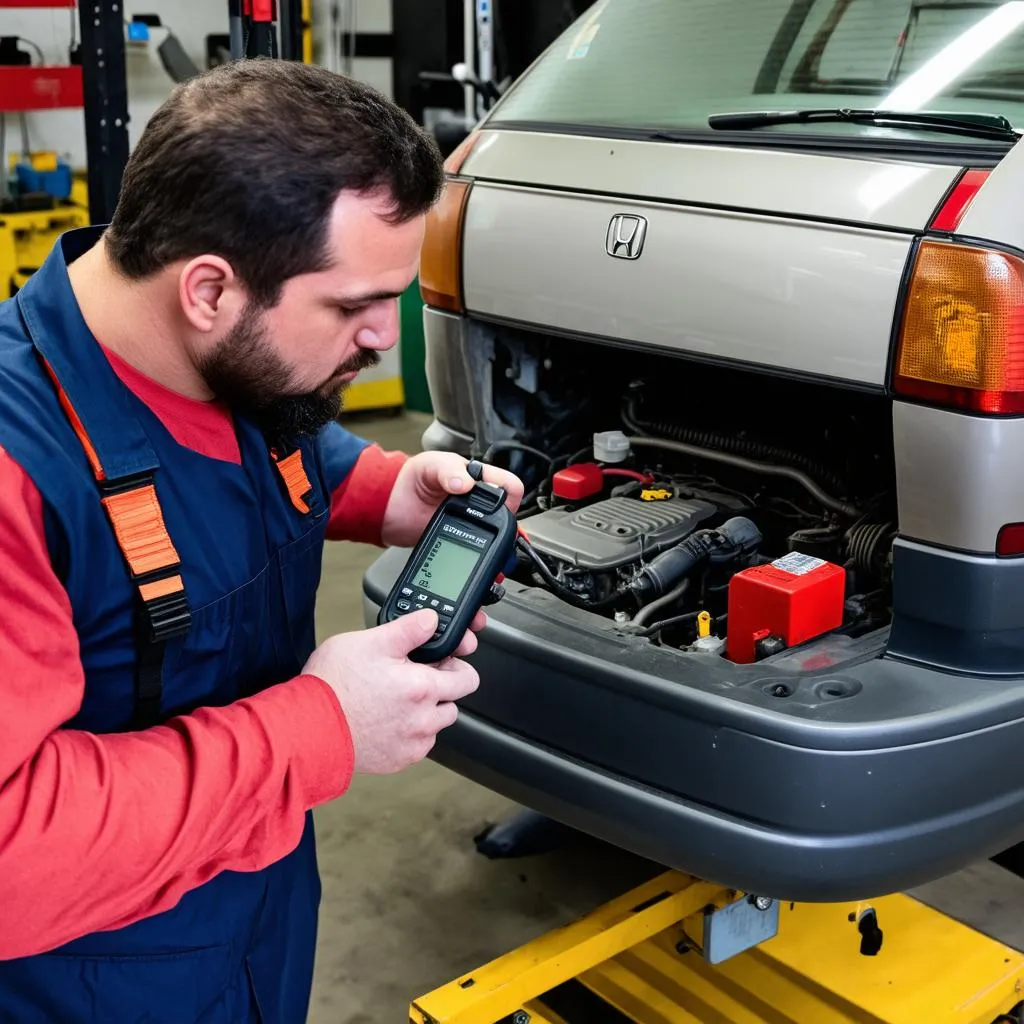 Mechanic connecting an OBD scanner to a 1998 Honda Odyssey