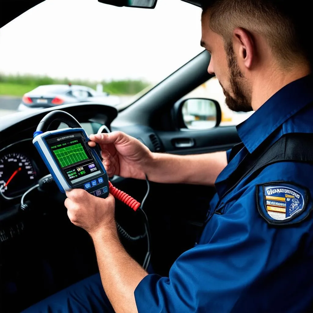 Mechanic using a diagnostic tool on a car