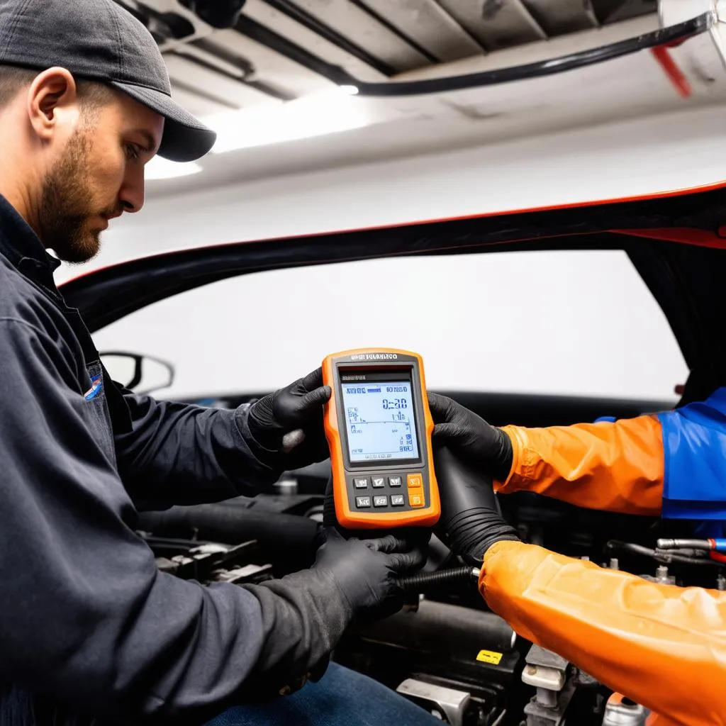 Mécanicien utilisant un outil de diagnostic sur une voiture