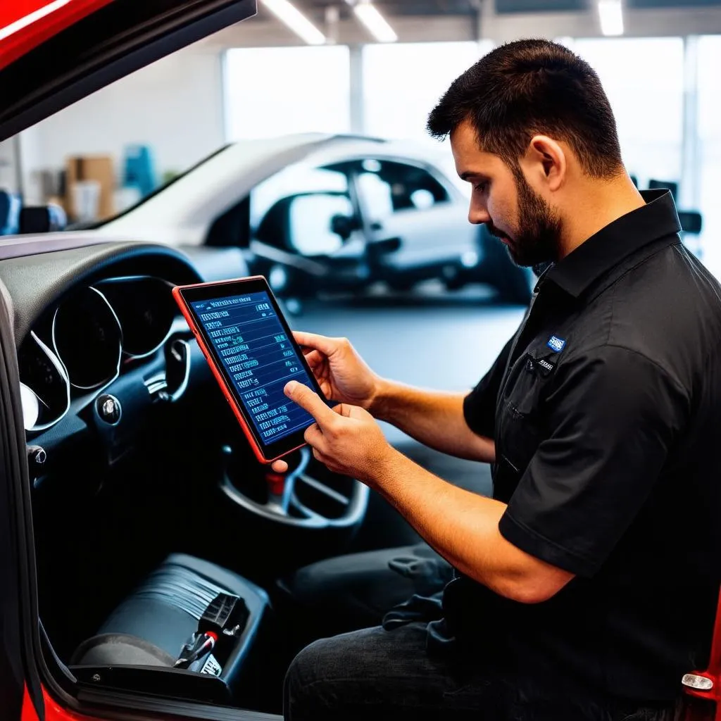 Mechanic using digital tablet in repair shop