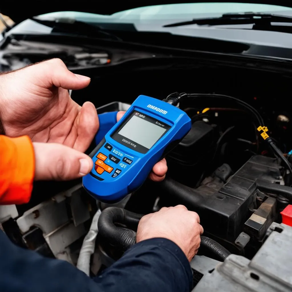 Mechanic using OBD2 scanner