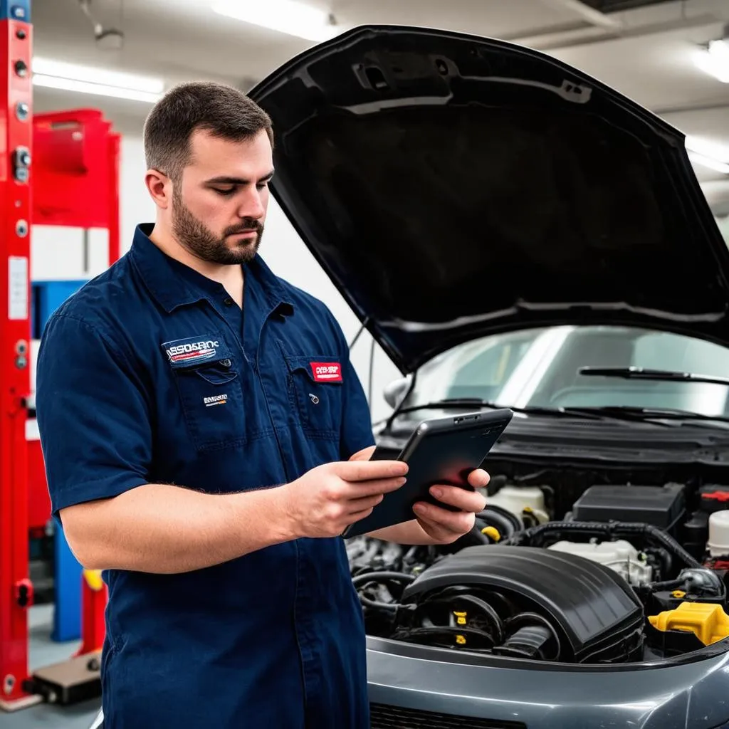 Mechanic using a tablet to diagnose a car in a repair shop.