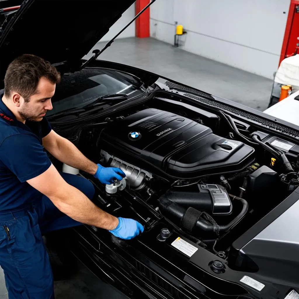 Mechanic working on BMW X5 engine