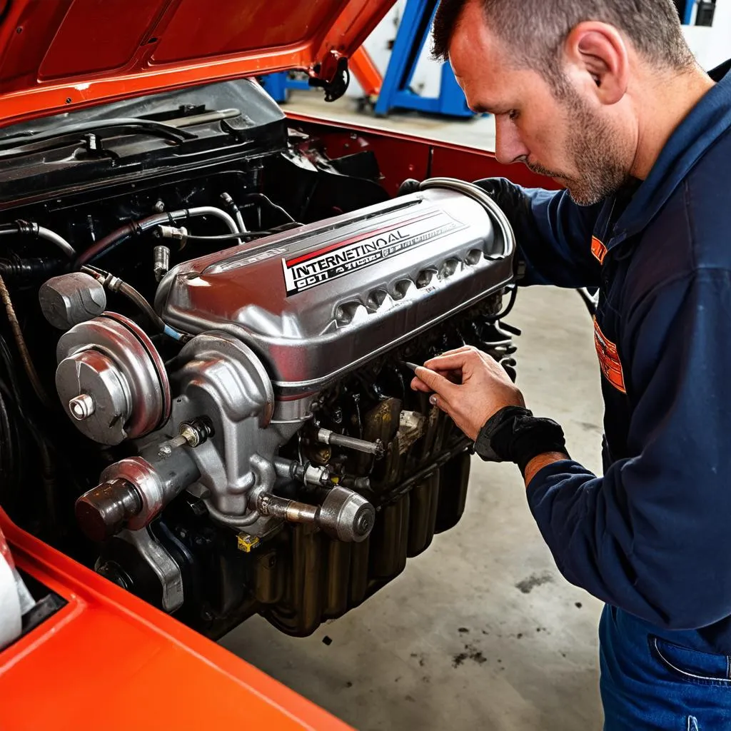 Mechanic working on International DT466E engine