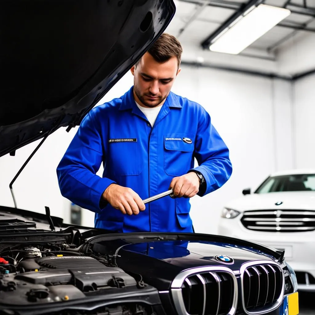 Mechanic working on car engine