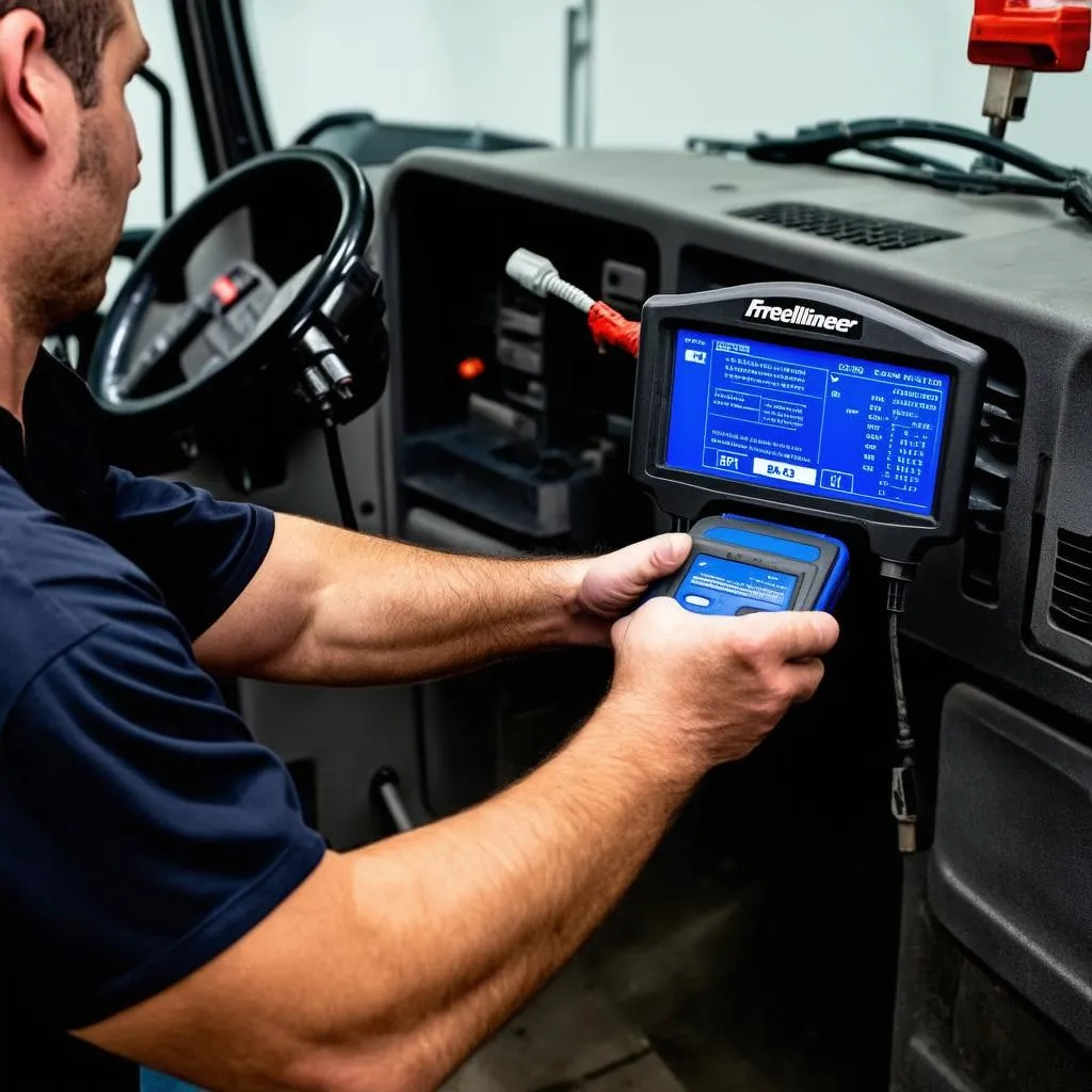 Mechanic diagnosing Freightliner truck with diagnostic tool