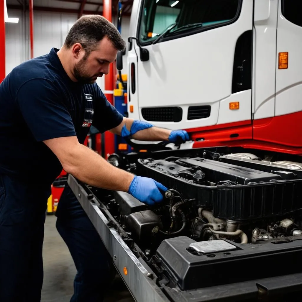 Mécanicien travaillant sur un camion Freightliner