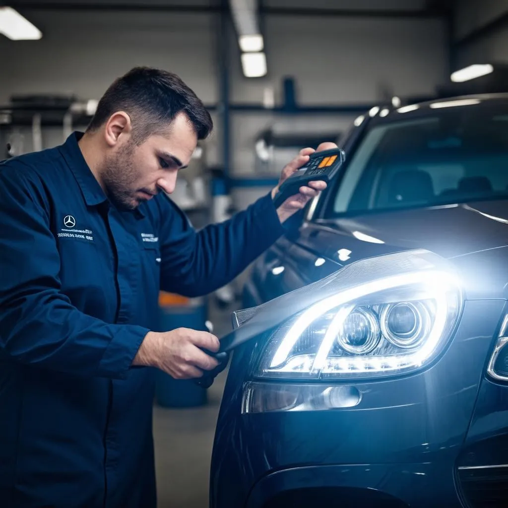 Mercedes mechanic checking headlights