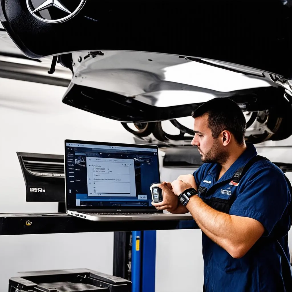 Mécanicien Mercedes diagnostiquant une voiture