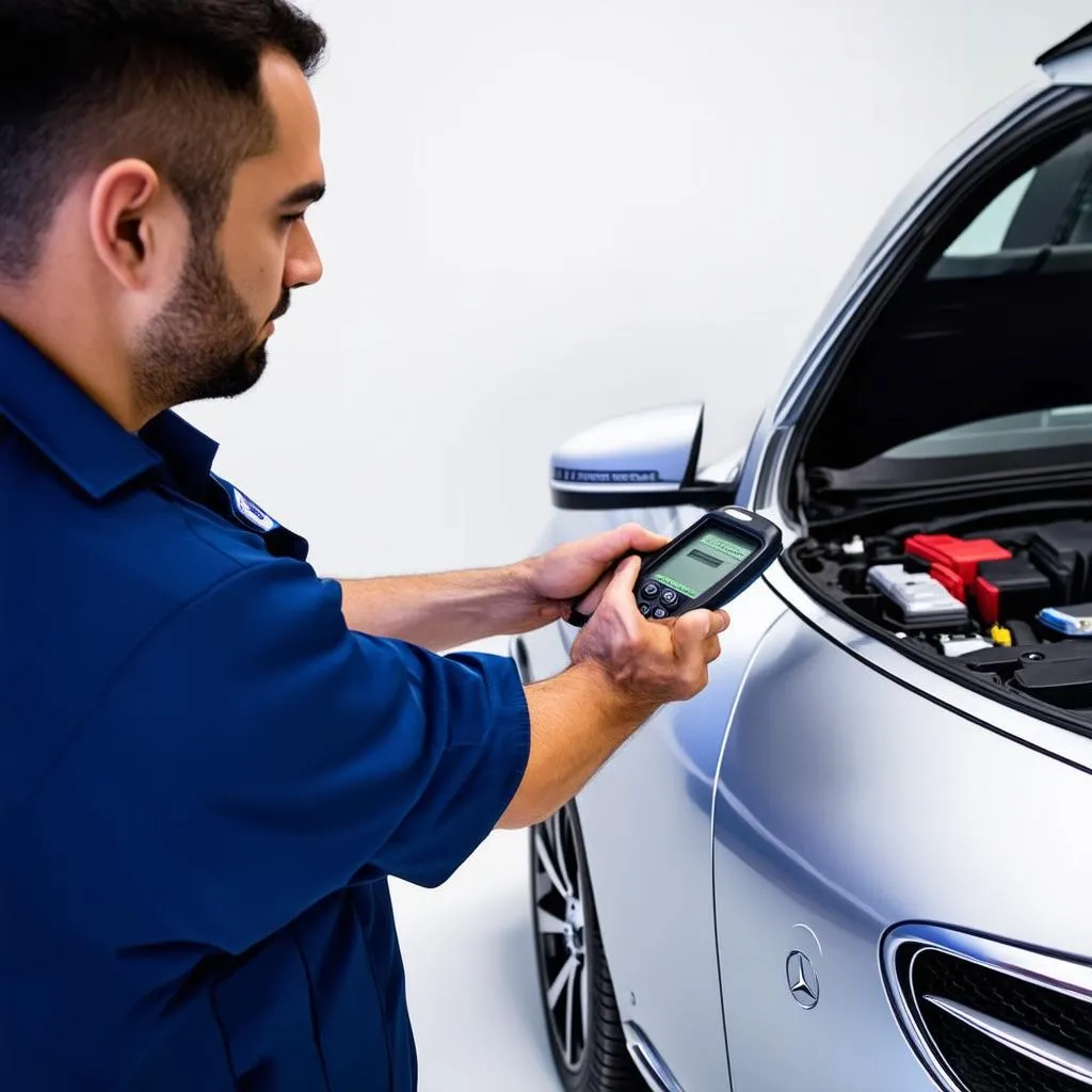 Mécanicien Mercedes diagnostiquant une voiture avec un scanner