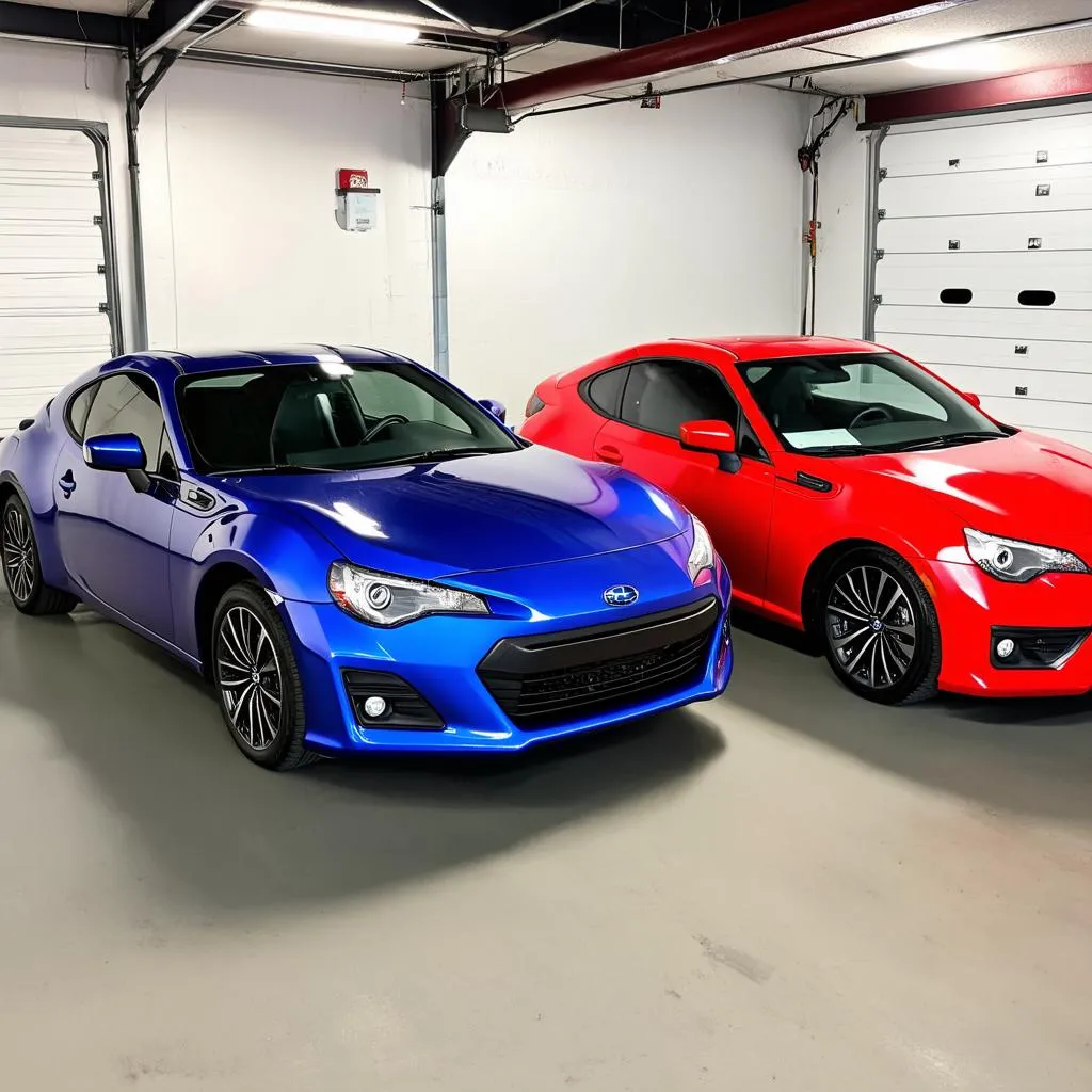 A blue Subaru BRZ and a red Scion FRZ parked next to each other