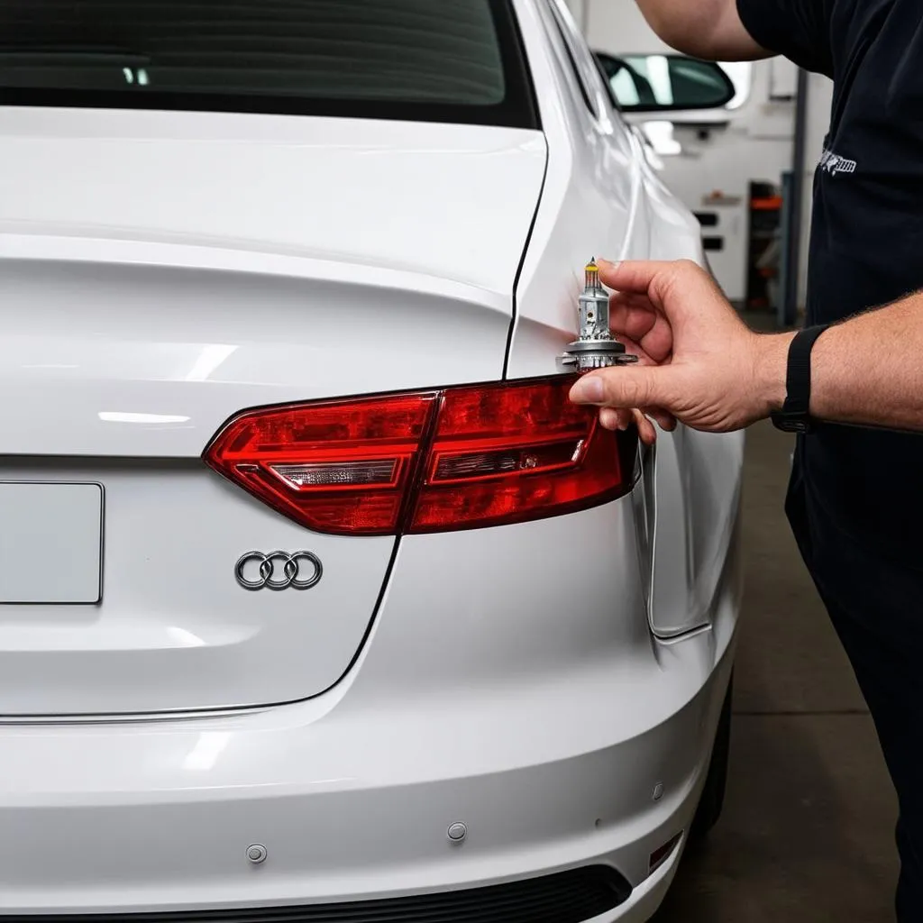 Mechanic replacing Audi A4 2010 tail light bulb