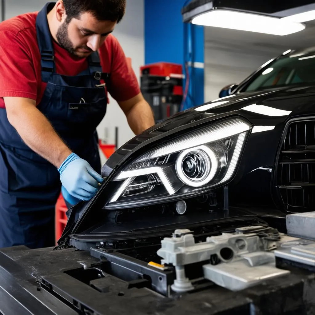 Mechanic Working on Audi SQ5 Headlight