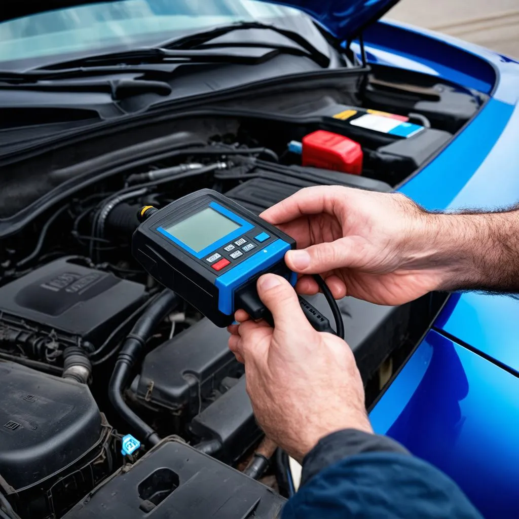 Mechanic using OBD scanner on BMW 318i