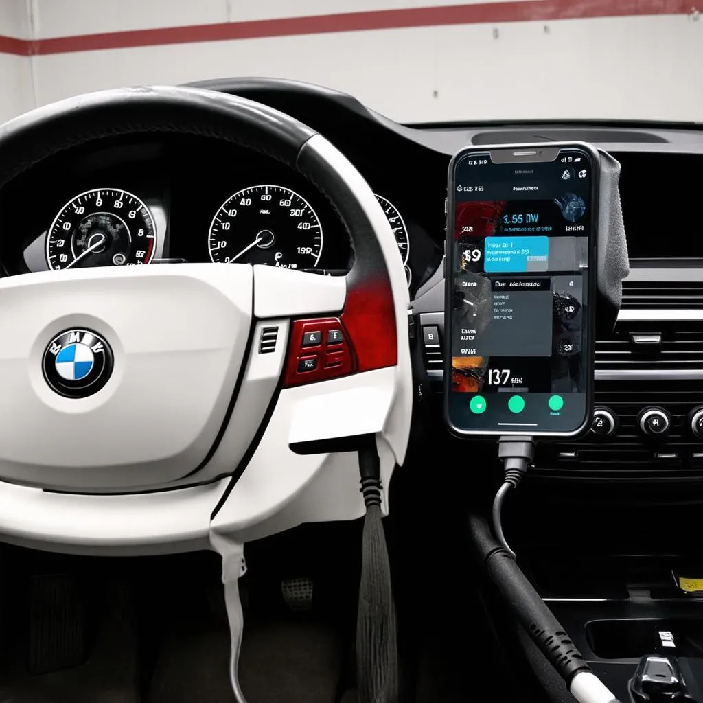 BMW E90 with OBD adapter connected to smartphone