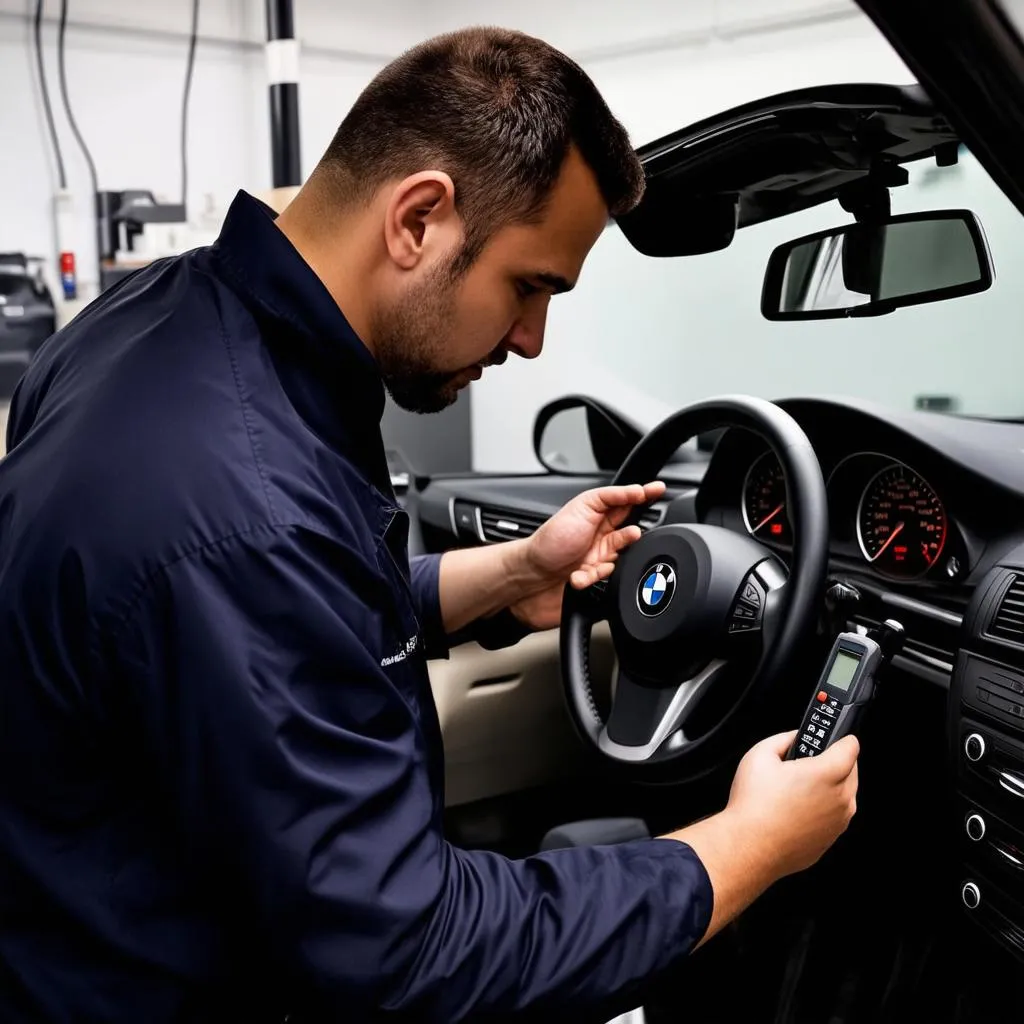 BMW Mechanic Using Diagnostic Tool