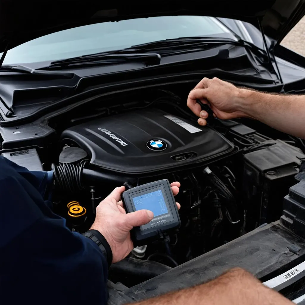 Mécanicien utilisant un scanner OBD-II sur une BMW