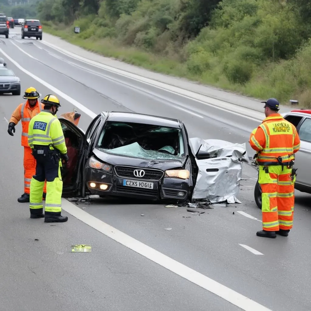 accident de voiture sur l'autoroute avec des intervenants d'urgence