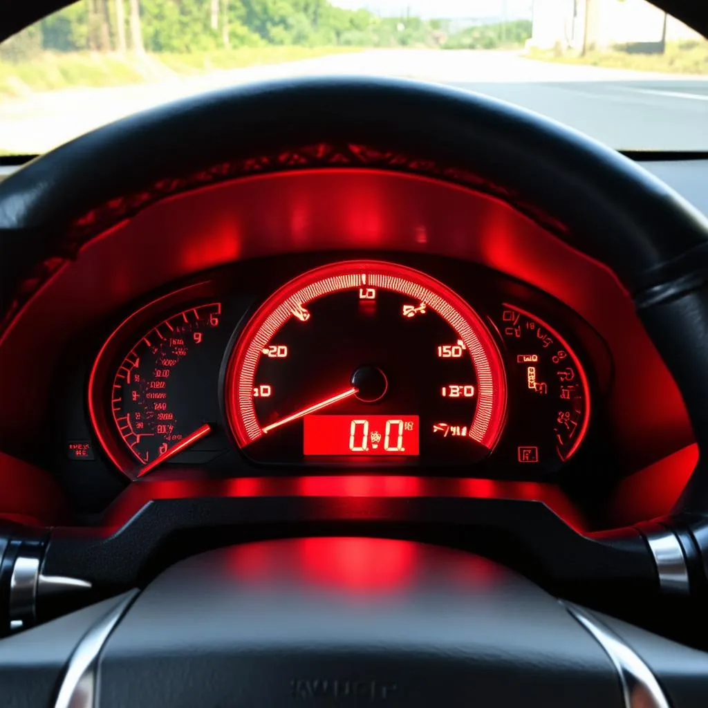 Car dashboard with oil pressure warning light