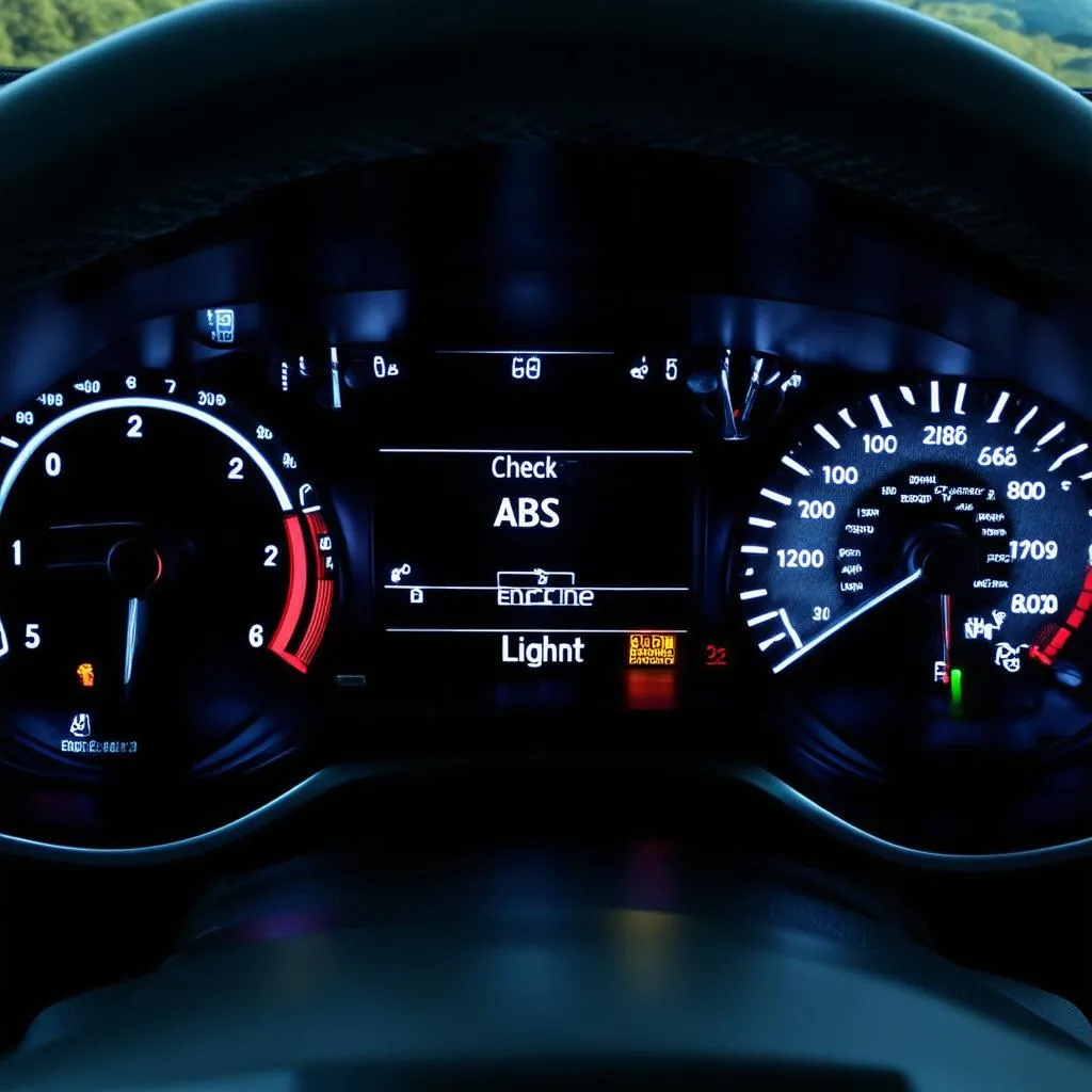 Car dashboard with warning lights illuminated