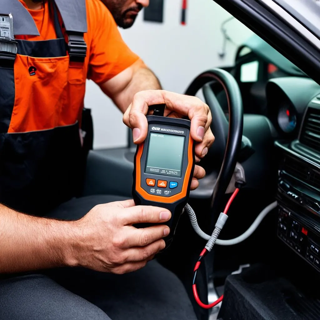 mechanic plugging in a car diagnostic tool