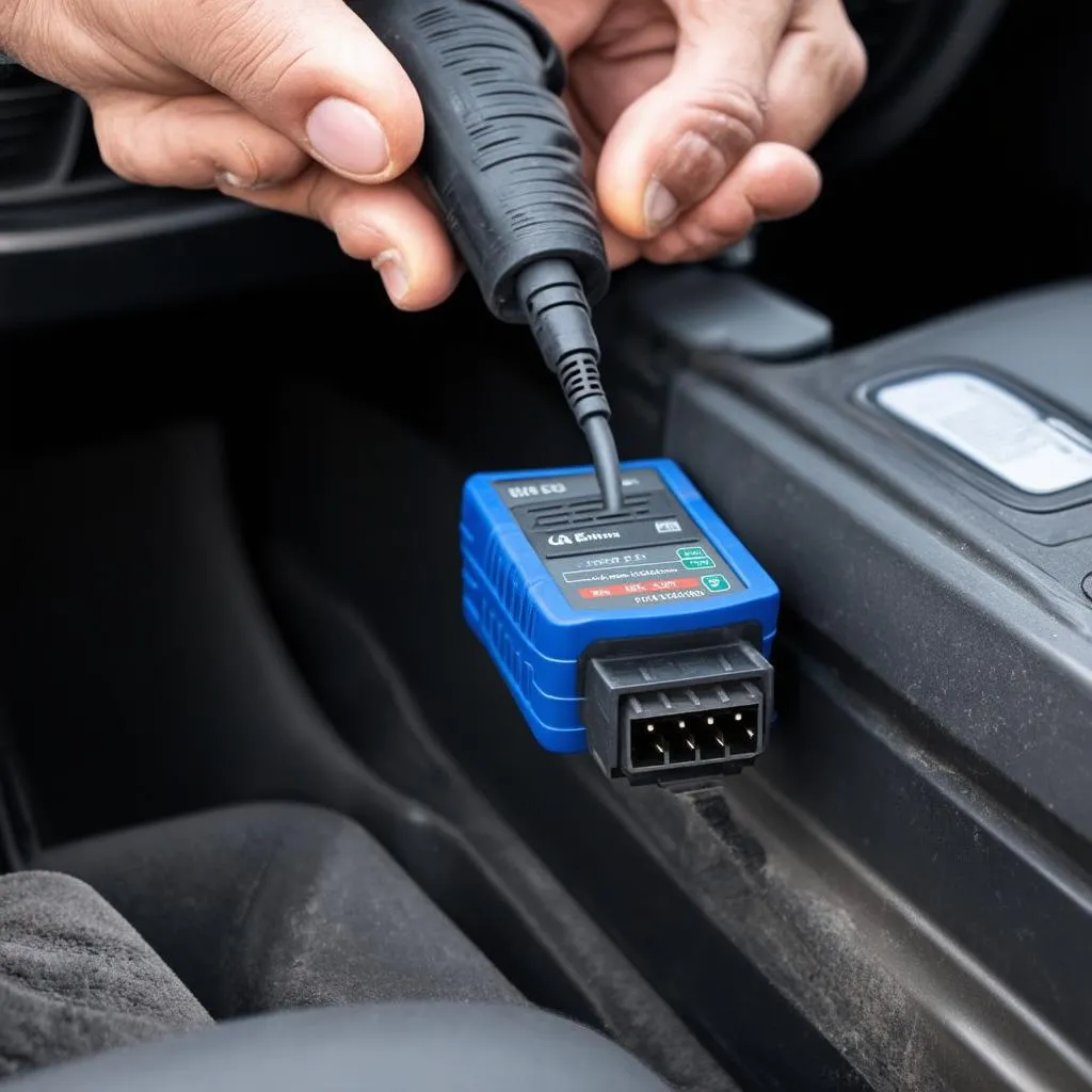 Mechanic using a car diagnostic tool